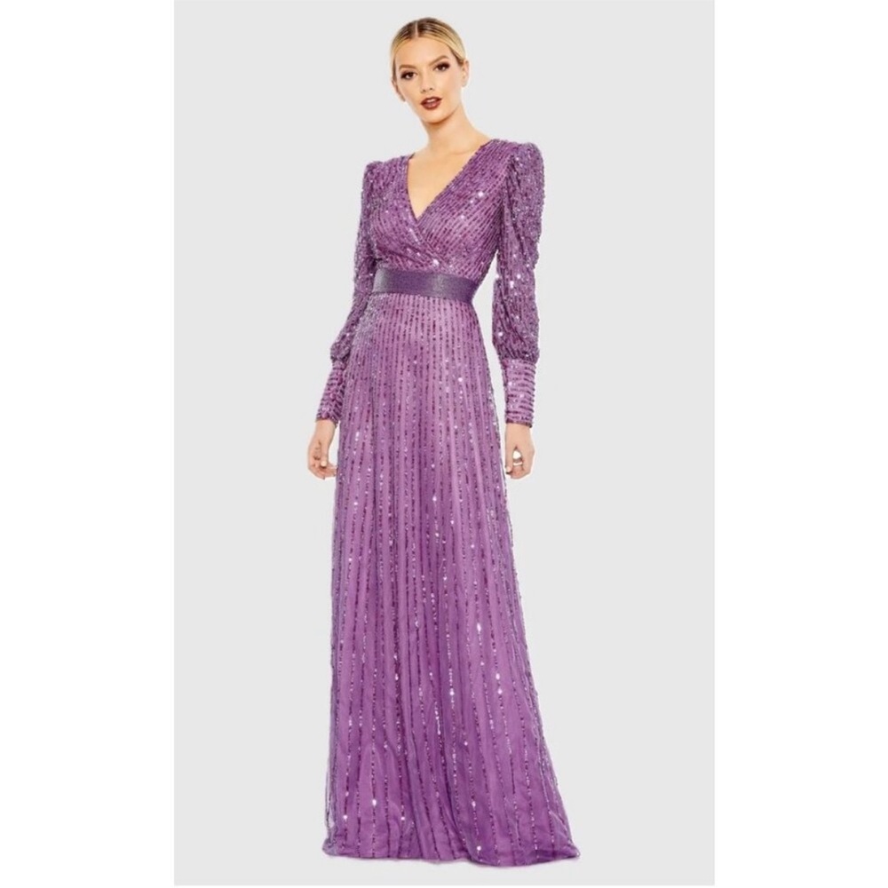 NWT Mac Duggal Purple Sequined Wrap Over Bishop Sleeve Gown, 5720